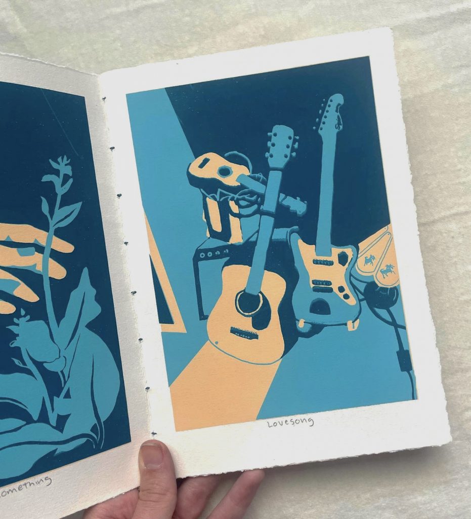 Stylized blue and yellow illustration of several guitars resting against an amplifier, with spotlights casting diagonal beams across the scene.