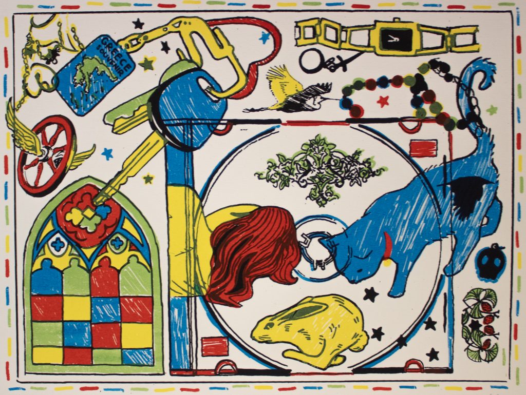 Colorful abstract illustration featuring a collage of objects: a large blue cat, a yellow rabbit, a red-haired figure, stained-glass window patterns, a key with a Greece souvenir tag, a winged wheel, a yellow bird, beads, and other decorative shapes, all outlined in bold red, blue, yellow, and green lines.