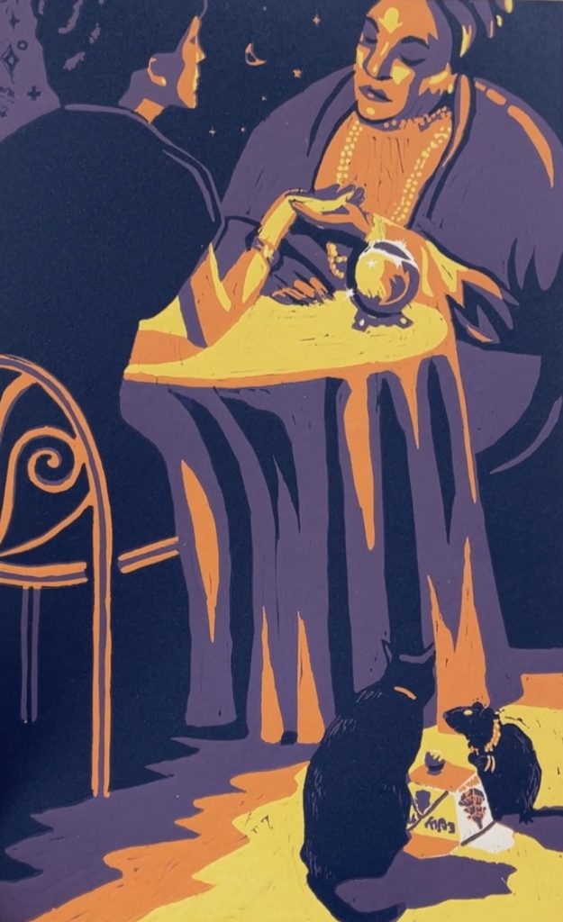 Stylized illustration of a fortune teller holding a woman’s hand across a table with a glowing crystal ball, while a cat and rat sit nearby, one with tarot cards at its feet. The scene is rendered in shades of purple, orange, and yellow.