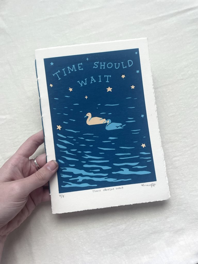 Illustration of a swan and a turtle floating on rippling blue water under a night sky with stars, with the words “time should wait” written above.