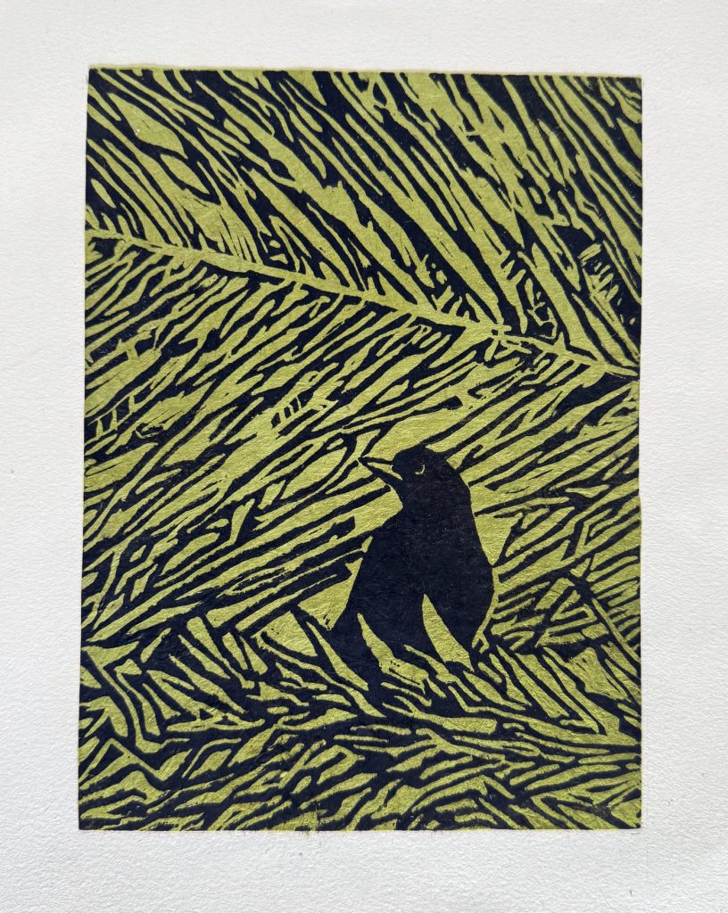Painting of a bird in foliage