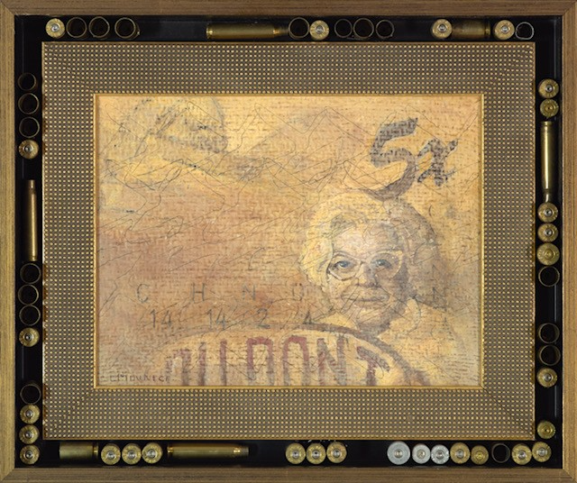 A collage artwork of a woman with a frame of bullet and casings.