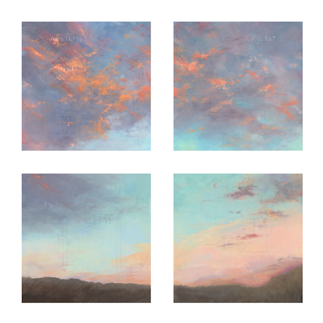 A painting of light blue sky and pink clouds divided into four squares.